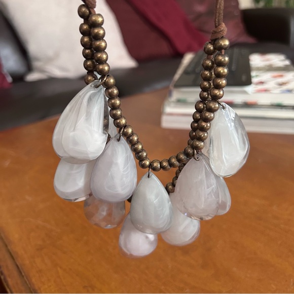 Elegant Bohemian Brass Beaded Statement Necklace w/ Sage Green Teardrop Accents - Picture 8 of 8